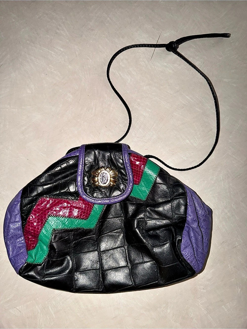 VTG 80s Colorblock Mixed Leather Croc Patchwork Clutch Purse